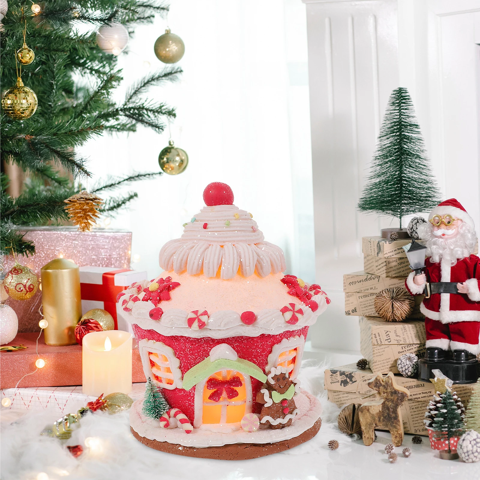 

Creative Christmas Glowing Castle Resin Craft Decoration Desktop Ornament Xmas Party Bedroom Living Room Decorative