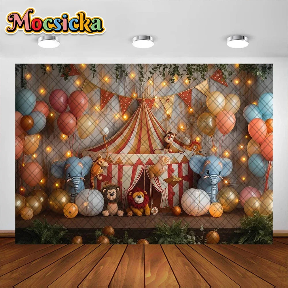 Mocsicka การถ่ายภาพพื้นหลัง Circus ลูกโป่งที่มีสีสันสิงโตช้างตกแต่งเด็กวันเกิดพื้นหลังสตูดิโอ Props