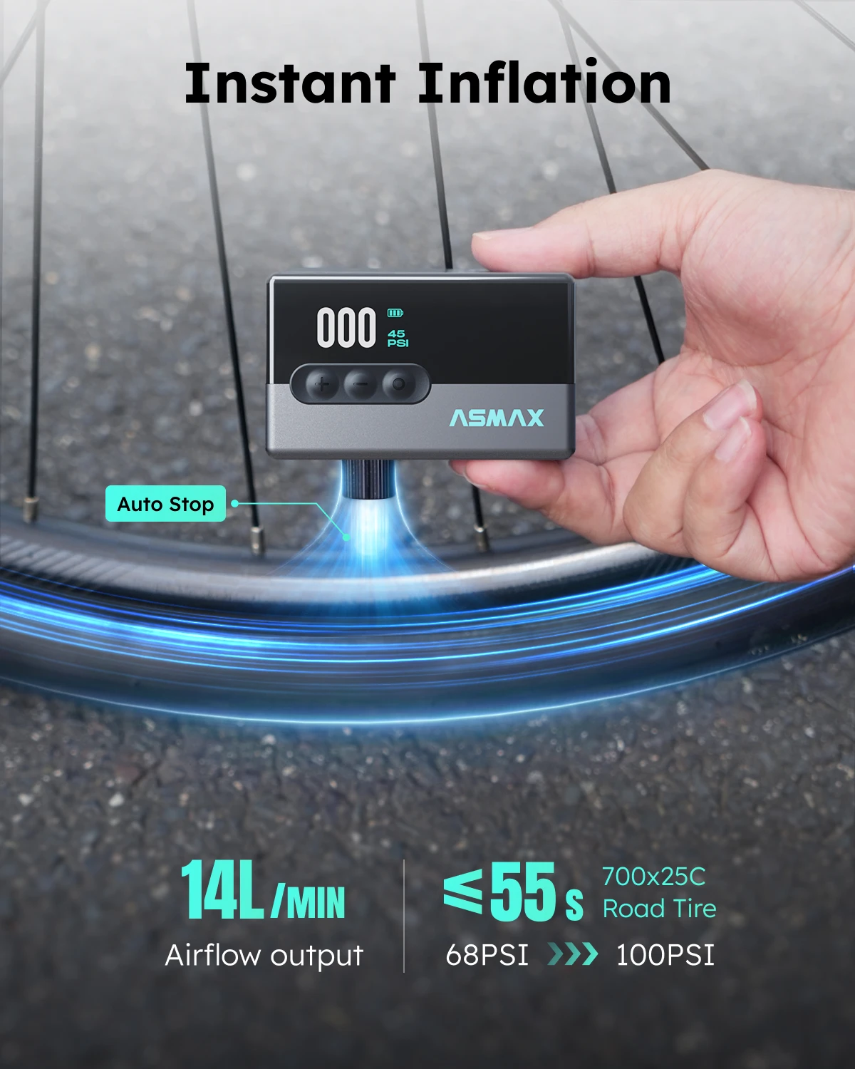 

ASMAX T30 Mini Electric Air Pump, 120PSI Portable Tire Inflator with LED Display, Rechargeable 500mAh, 4-in-1 Bike Pump with LED