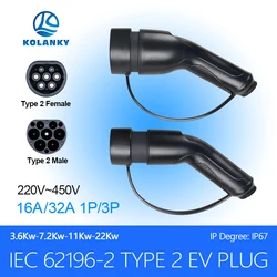 Kolanky EV Charger Plug Adapter Type 2 EVSE Male Female lEC 62196 Convertor 16A 32A Electric Car Vehicle Charging Station