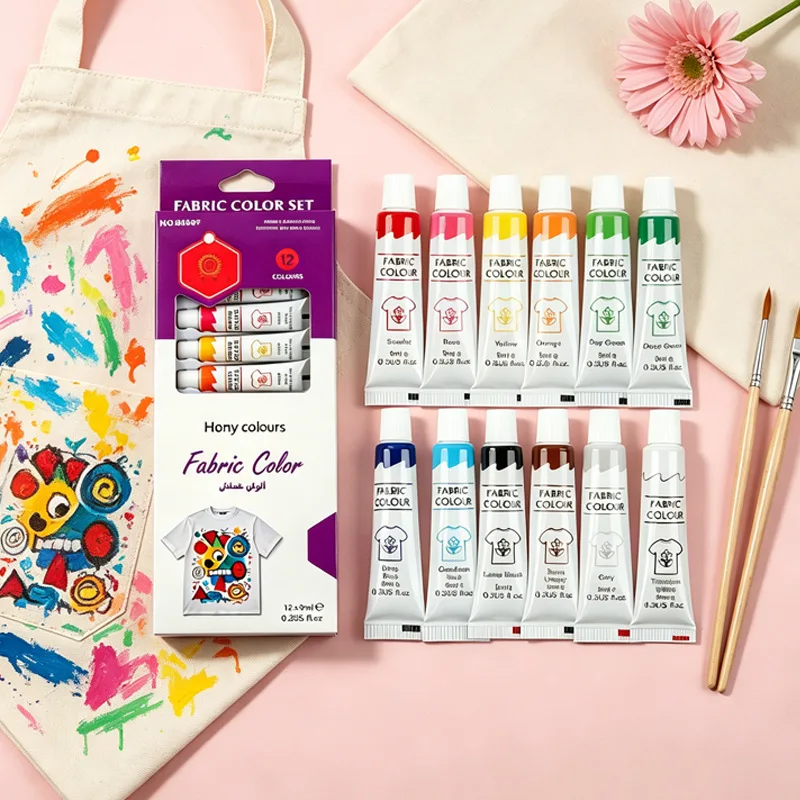 12 Color Permanent Fabric Paint Set,9ml Washable Textile Pig