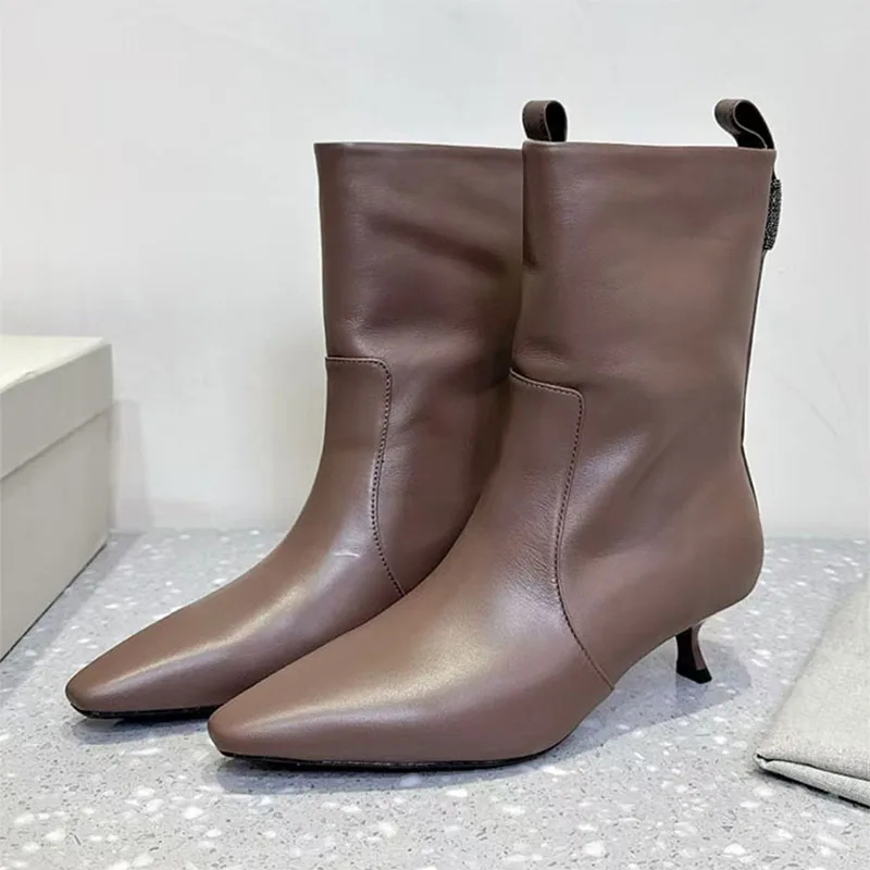 جديد جلد الغزال أحذية بوت قصيرة امرأة هريرة الكعوب المدرج أحذية امرأة أشار تو سلسلة سلسلة حبة عالية الكعب الأحذية النسائية