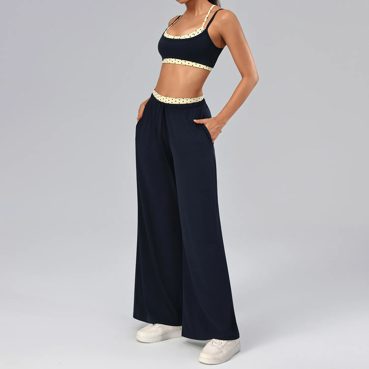 2Pcs Fitness Set Women Polka Dot Cross Back Sports Bra High Waisted Shorts Wide Leg Straight-Leg Pants with Pockets Sportswear