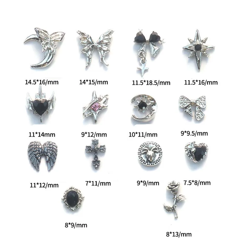 10Pcs Gothic Punk Style Nail Art Charm 3D Alloy Silver Winged Butterfly Moon Rose Nail Decoration DIY Antique Nail Accessories