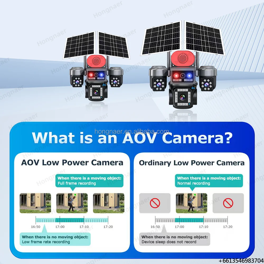 

Hongnaer 20MP Wireless Solar Powered Surveillance CCTV Security Camera HiEasy AOV 4 Lens Outdoor 4G Sim Card CCTV Solar Camera