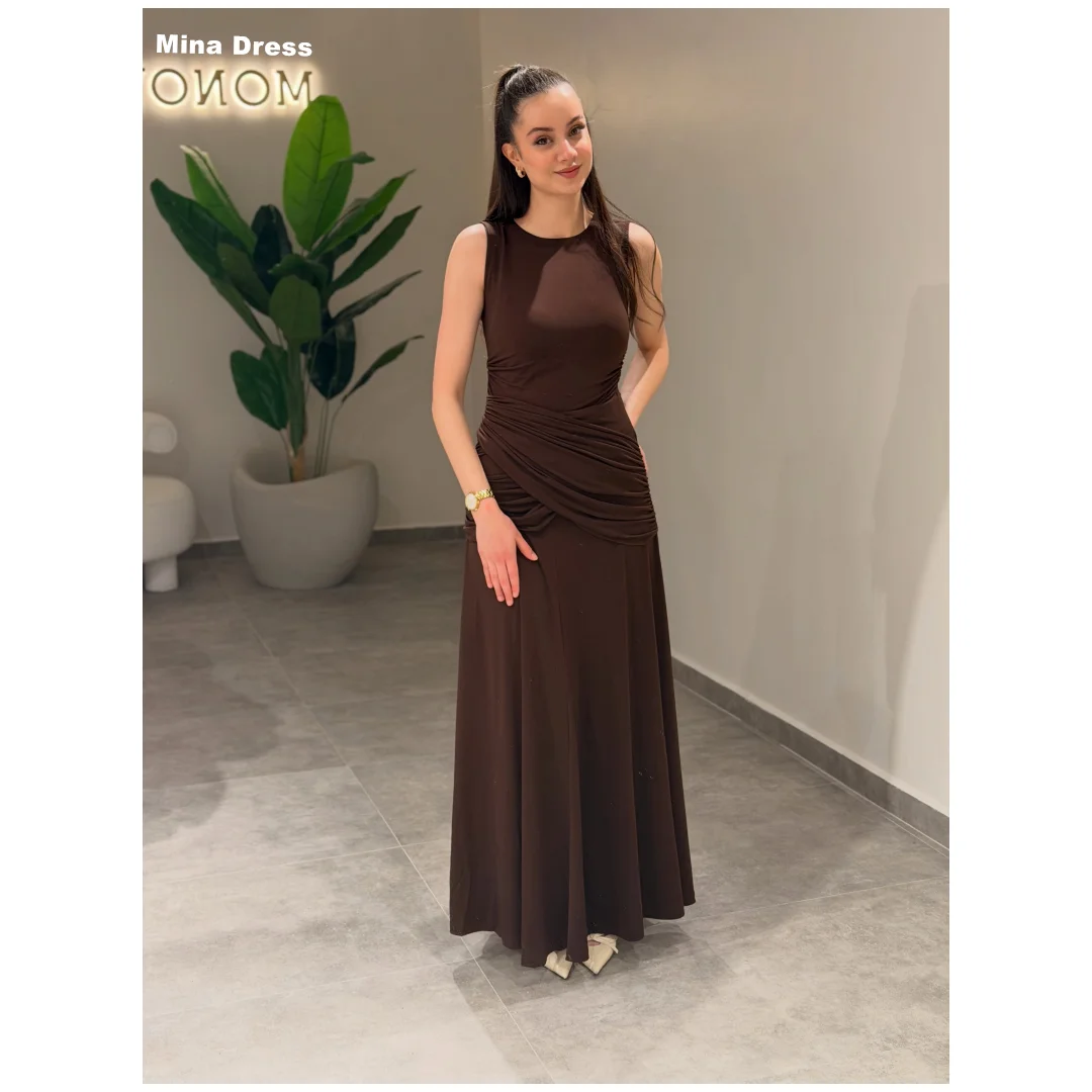Vestido Largo de Verano Mina Personalizado, Color Marrón, Cuello Redondo, Plisado, Sin Mangas, para Mujer, Modelo 2026, Vestido de Fiesta o Boda, Estilo Elie Saab