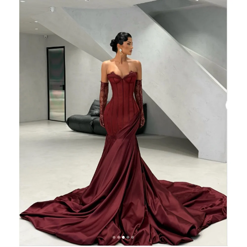 

Customized Elegant Burgundy Mermaid Lace Evening Dresses Sweetheart Party Prom Sweep Train Long Dress Special Occasions Dress