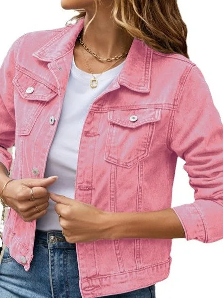 

Однотонная джинсовая куртка на пуговицах для женщин, укороченная, приталенная, в европейском стиле, из полиэфирного волокна, повседневная зимняя куртка