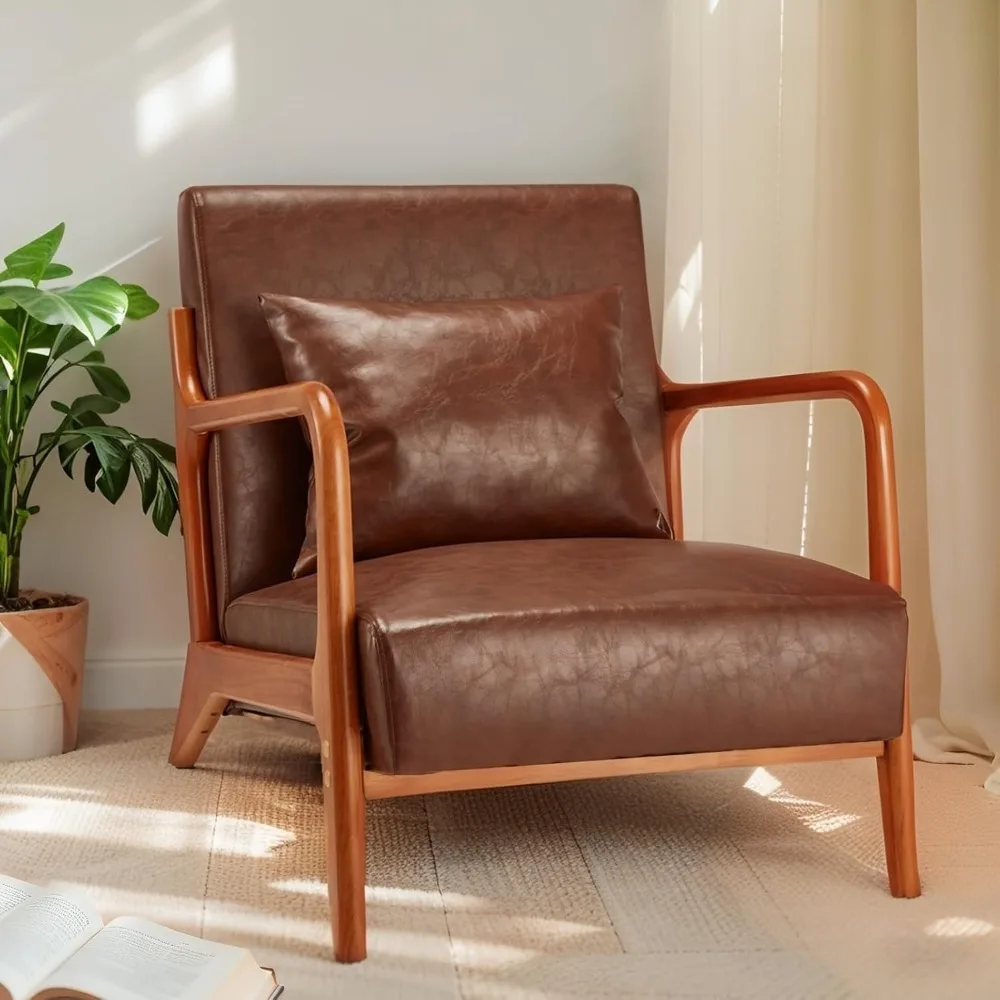 

Leather Accent Chair, Mid Century Modern Accent Chair with Solid Wood Frame, PU Leather Reading Armchair with Cozy Cushion, Uph