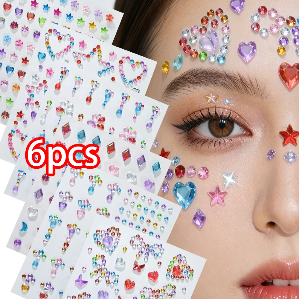

6pcs Colorful Flower Heart Rhinestone Face Gems Stickers Stars Moon Butterfly Self-Adhesive Sparkle Jewels For Eyes Face Body