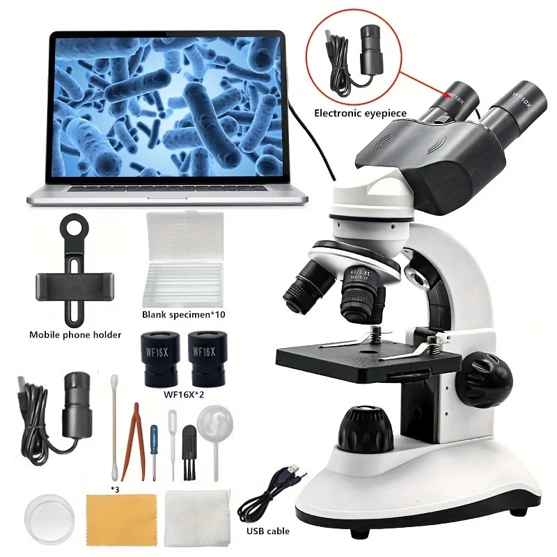 40X-1280X Compound Binocular Microscope, Dual LED with USB Camera, Slides, Phone Mount & Specimen Kit