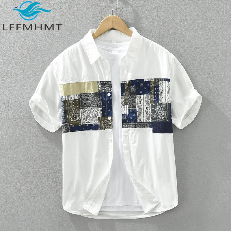 

8010 Japan Style Vintage Print Patchwork Men's Casual Shirt Summer Fashion Good Quality Pure Cotton Casual Loose Streetwear Tops