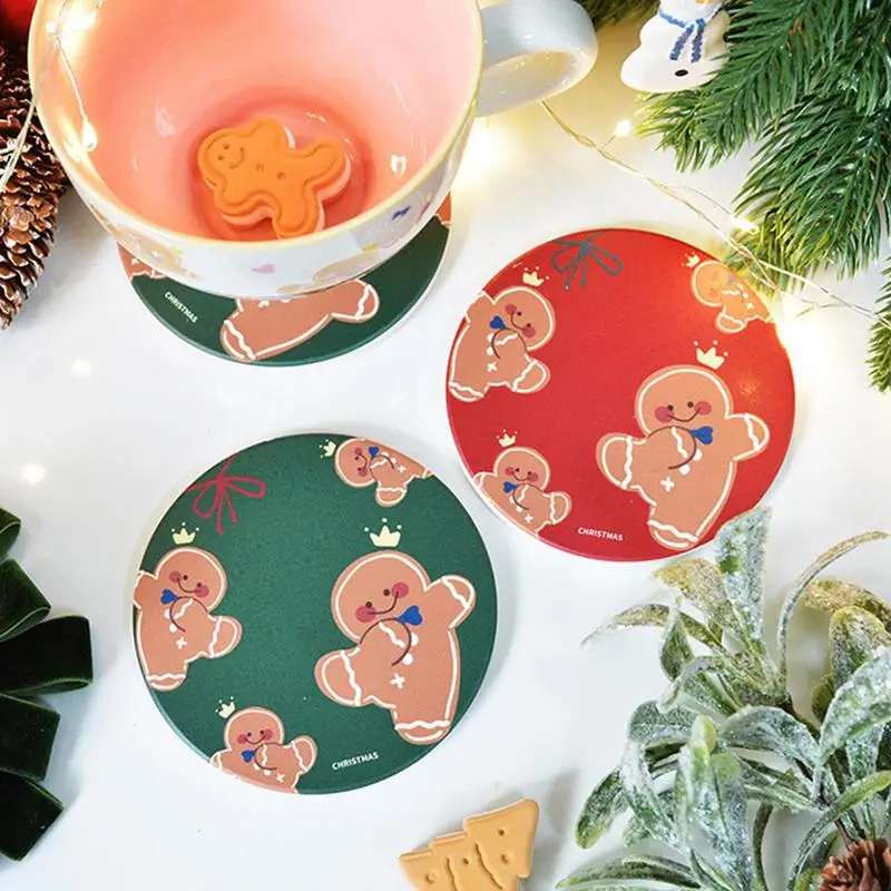 Gingerbread Cookie Coasters Gingerbread Desk Round Coasters Mat 3.9 Inch Diatomite Non-Slip Cup Mats For Table Protection For