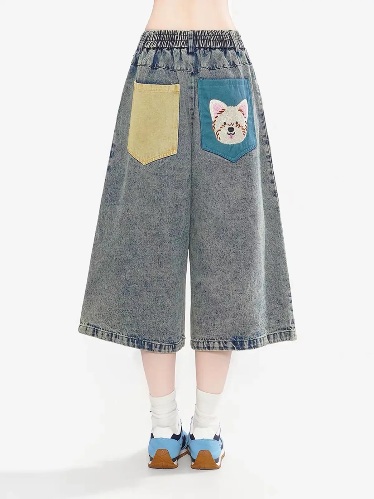 Y2K American Retro Towel Embroidered Puppy Multi Pocket Seven Quarter Jeans Women Summer Loose Shorts