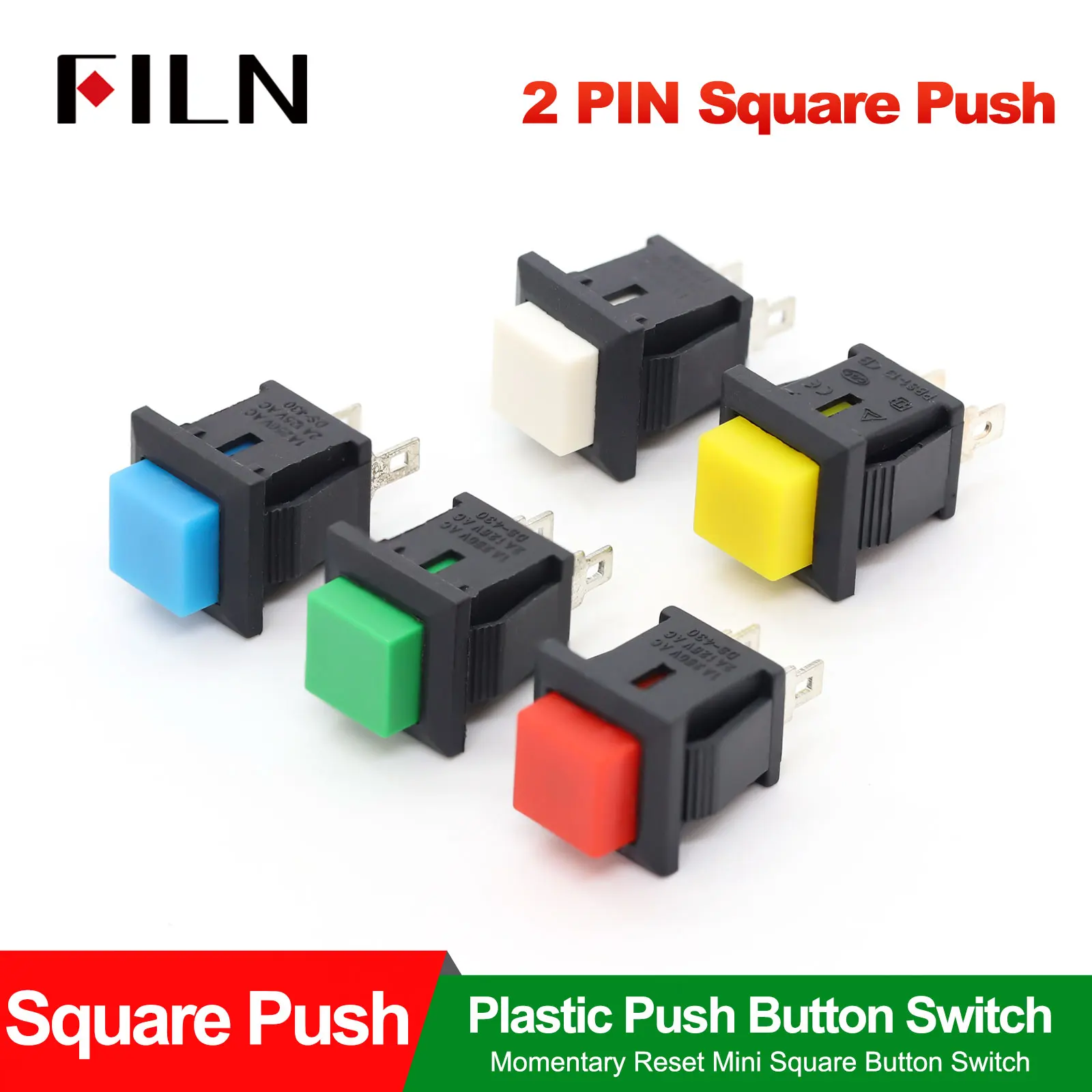 

FILN 10pcs 1A 250V Momentary 2A 125V Push Button Switch 2Pin Metal Terminal Snap on Installation Red Green Blue Panel Mounting