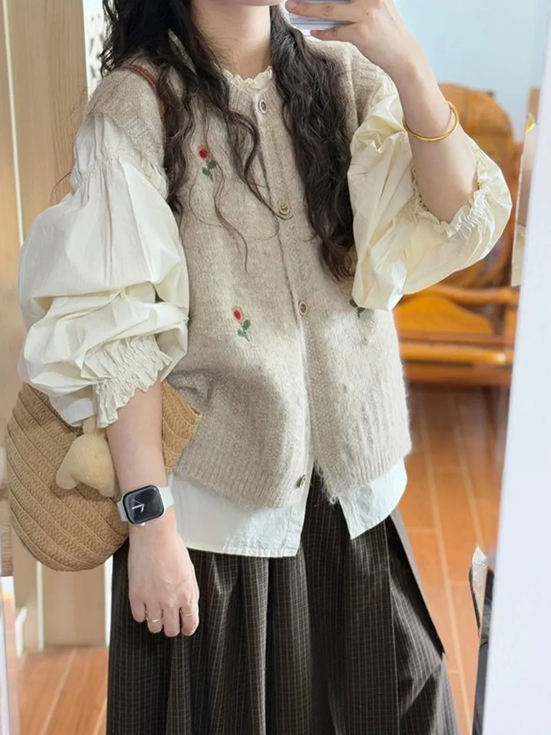 Spring Autumn Knitted Floral Vest Cardigan Sweater Women's Fashion Top with Apricot Shirt Warm Polyester Acrylic Blend