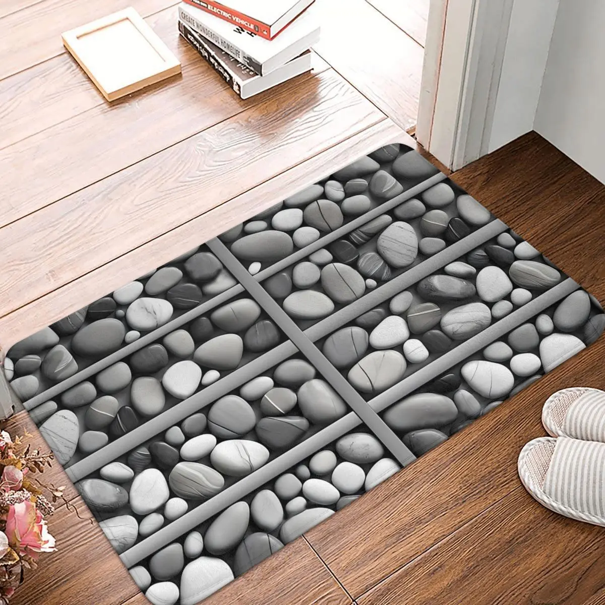 Riverbed Serenity Black And White Stones In Wooden Compartments Non-slip Doormat Carpet Bath Bedroom Mat Prayer Flannel Decor