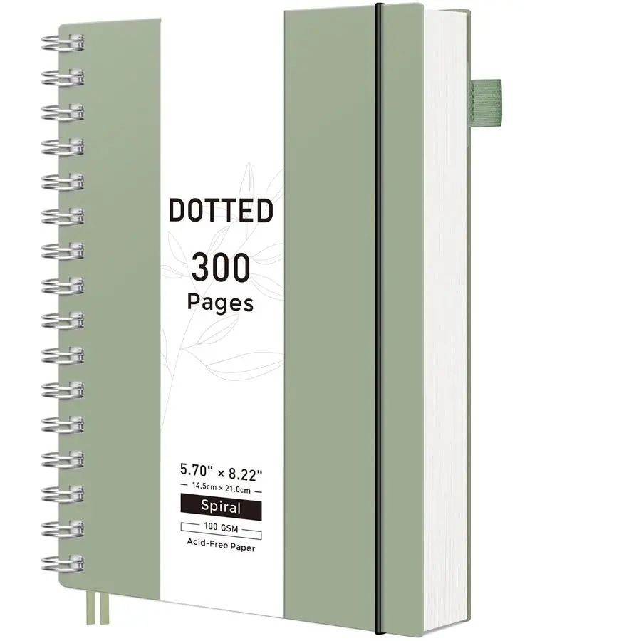

Bullet Dotted Journal Notebook, 300 Pages, A5 Medium Size 5.7 8.2, 100 GSM Thick Paper, Flexible Plastic Cover, Spiralbound, for
