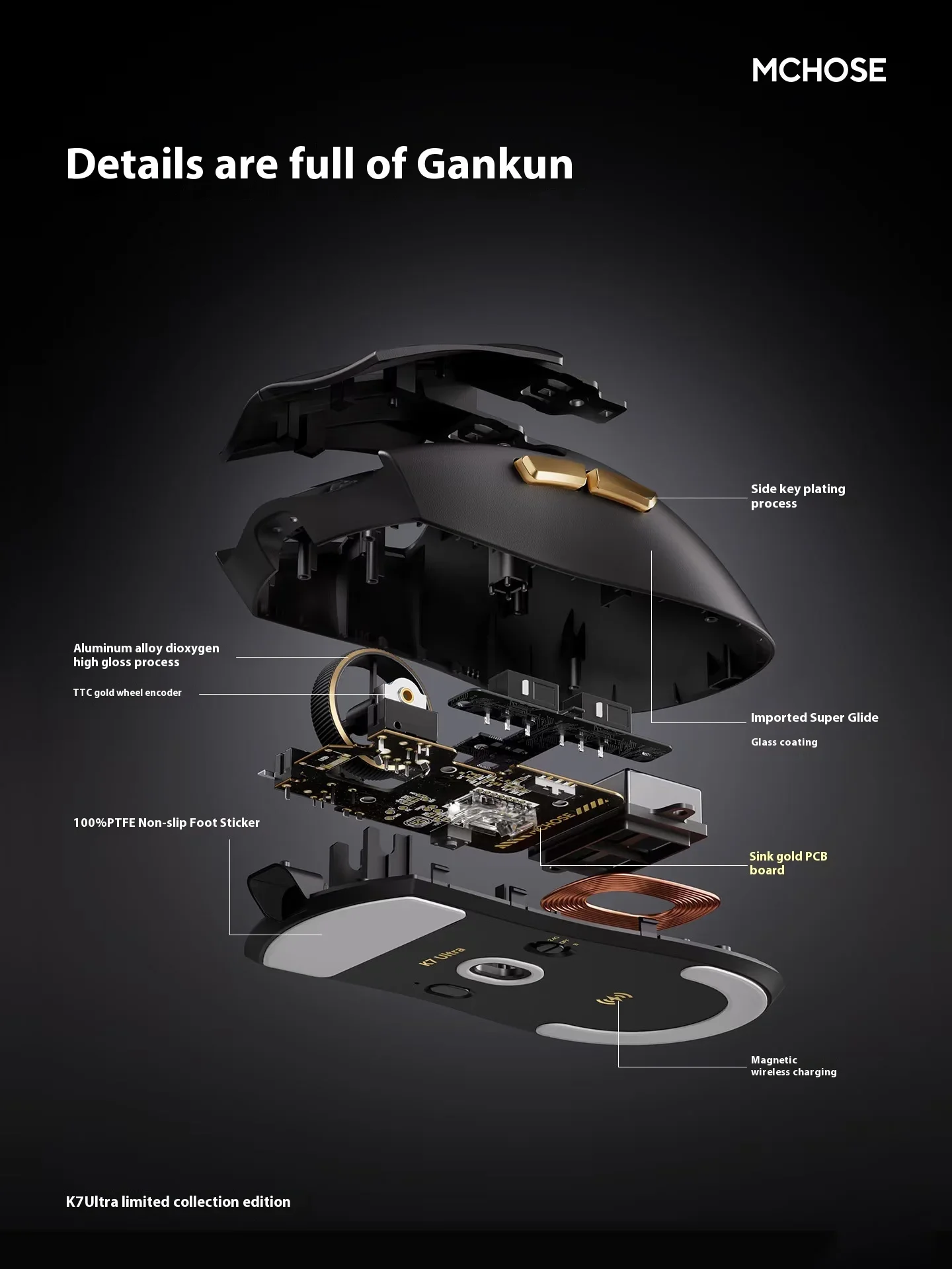 MCHOSE K7 Ultra Gaming Mouse E-Sports Paw3950 3-Mode Mouse 8k Receiver Magnetic Attraction Base Gaming Mouse Customized Gift