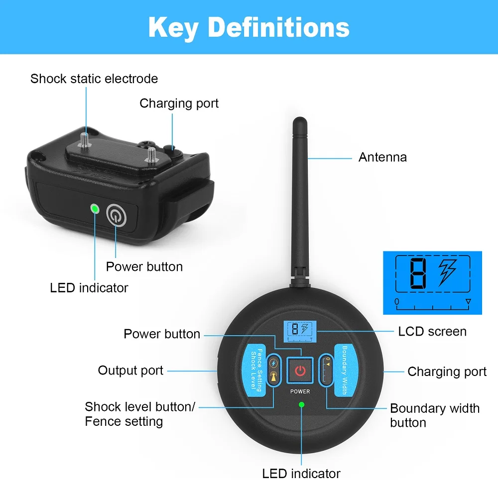 200 m kabelloser wiederaufladbarer Elektrozaun für Hunde, IP68 wasserdichter Piepton + Schock-Trainingsmodus, Sender- und Halsband-Kombination – Detail 5