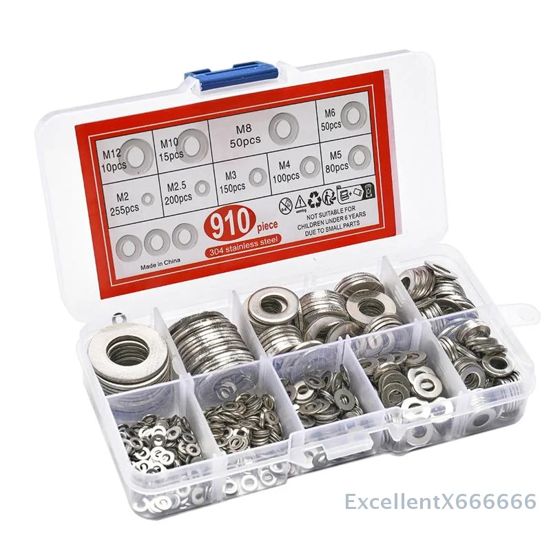 

Introducing 304 Stainless Steel Flat Washers (M2-M12) for Home Decoration – 910/200 Pieces Kit.