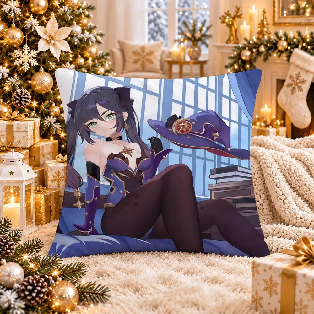 Game G-Genshin Impact Mona Cushion Cover Soft Short Plush Pillow Case Cushion Cover for Living Room Sofa Decor 4