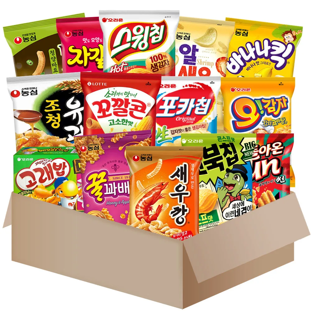 [MF003] Set de Variedades de Snacks, Paquete de 14 (Galletas de Camarón, Snack Honey Twist, Snack de Mariscos Jagalchi, Mini Chips de Camarón, Banana Kick, Galletas de Arroz Coreanas, Swing Chips, Chips de Abadejo con Salsa de Mayonesa Picante, Snacks de Maíz, Patatas Fritas y Más)