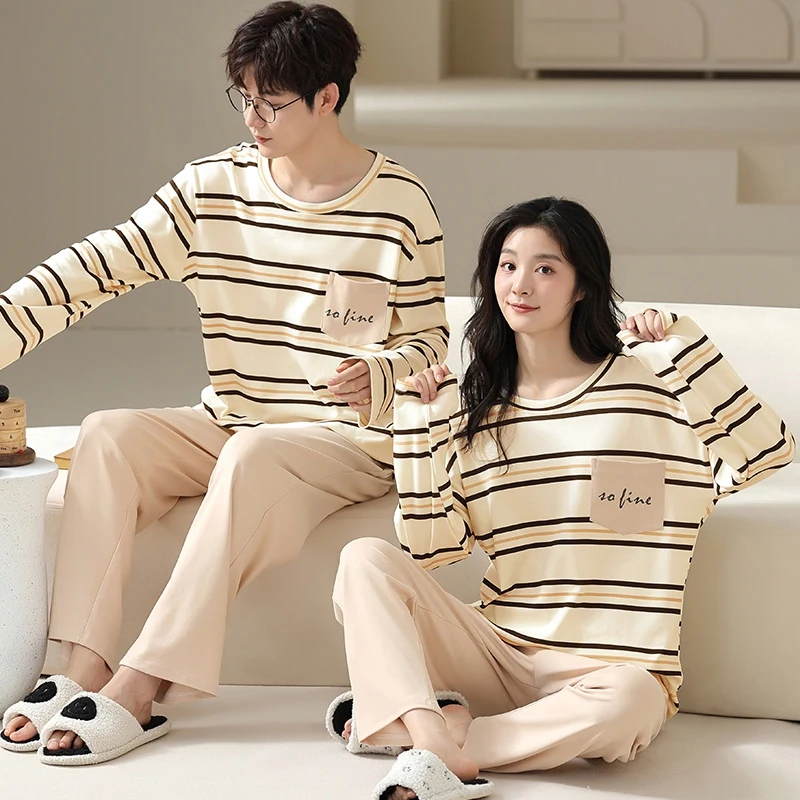 

2025 Spring Couple Casual Striped Long Sleeve 100% Cotton Pajama Sets for Women Korean Loose Sleepwear Men Homewear Home Clothes