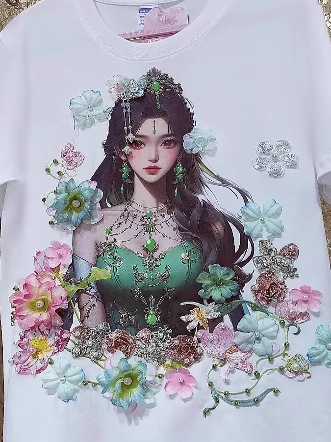 Grote maat L-6XL zomer nieuwe chique zware industrie ronde hals T-shirt meisjes driedimensionale kralen bloem katoen korte mouw top