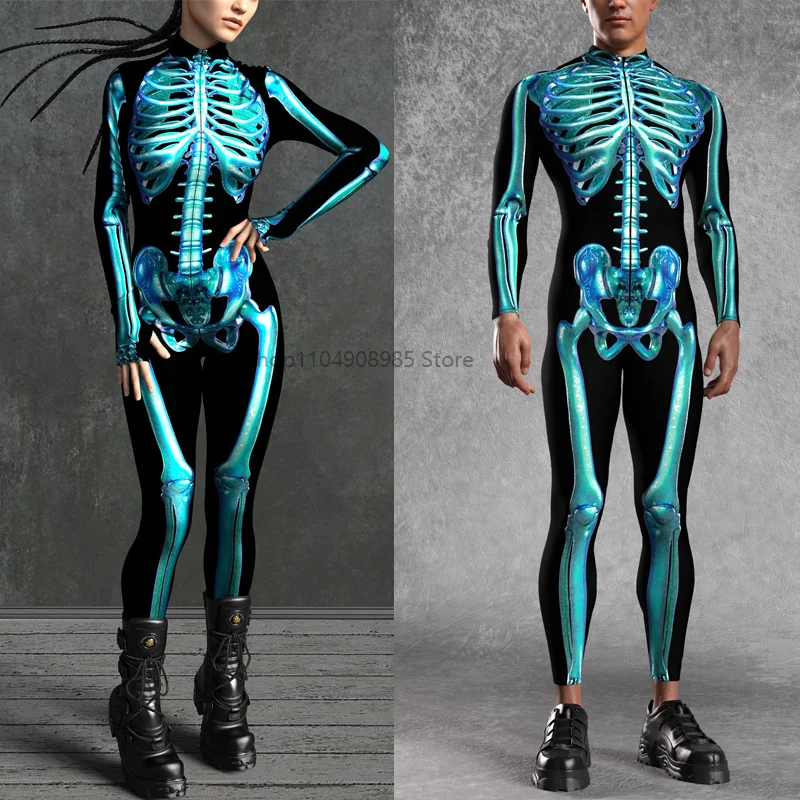 

Blue Candy Skeleton Costume Halloween Horror Party Zentai Suit Festival Bodysuit Rave Outfit Unique Clothing Masquerade Catsuit