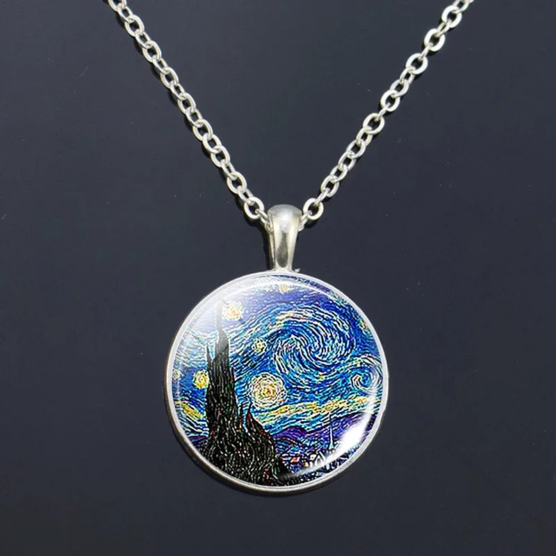 Van Gogh Necklace Van Gogh\'s Art Painting Print Glass Cabochon Pendant Chain Necklace Fashion Jewelry Necklaces for Women Men