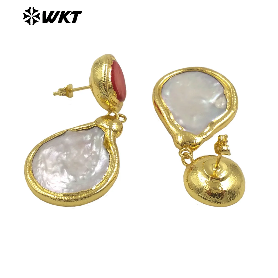 WT-MPE141 New Styles Fashion 18K Real Gold Plated Big Teardrop Freshwater Pearl With Round coral studs Long Dangle Earrings