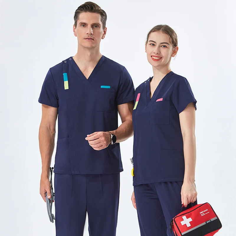 

Sanitary Nurse Medical Uniforms Aesthetic Scrub Set Women Men Dental Workwear Suit Ciel Top Pant Satin Surgeon Scrubs Suit L1-02