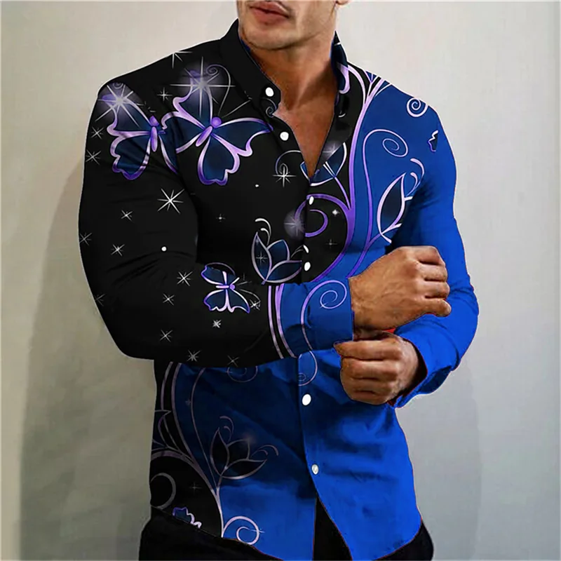 Colorful Butterflies Pattern Hawaiian Shirts For Men Fashion 3D Printed Blouse Autumn Casual Loose Aloha Shirts Long Sleeves