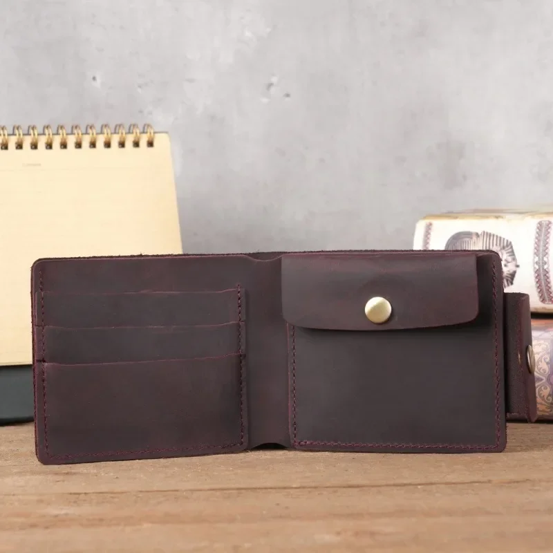 Men Genuine Leather Bifold Purse Crazy Horse Leather Short Wallet Vintage Multi Card Holder Snap Coin Pocket Small Wallet