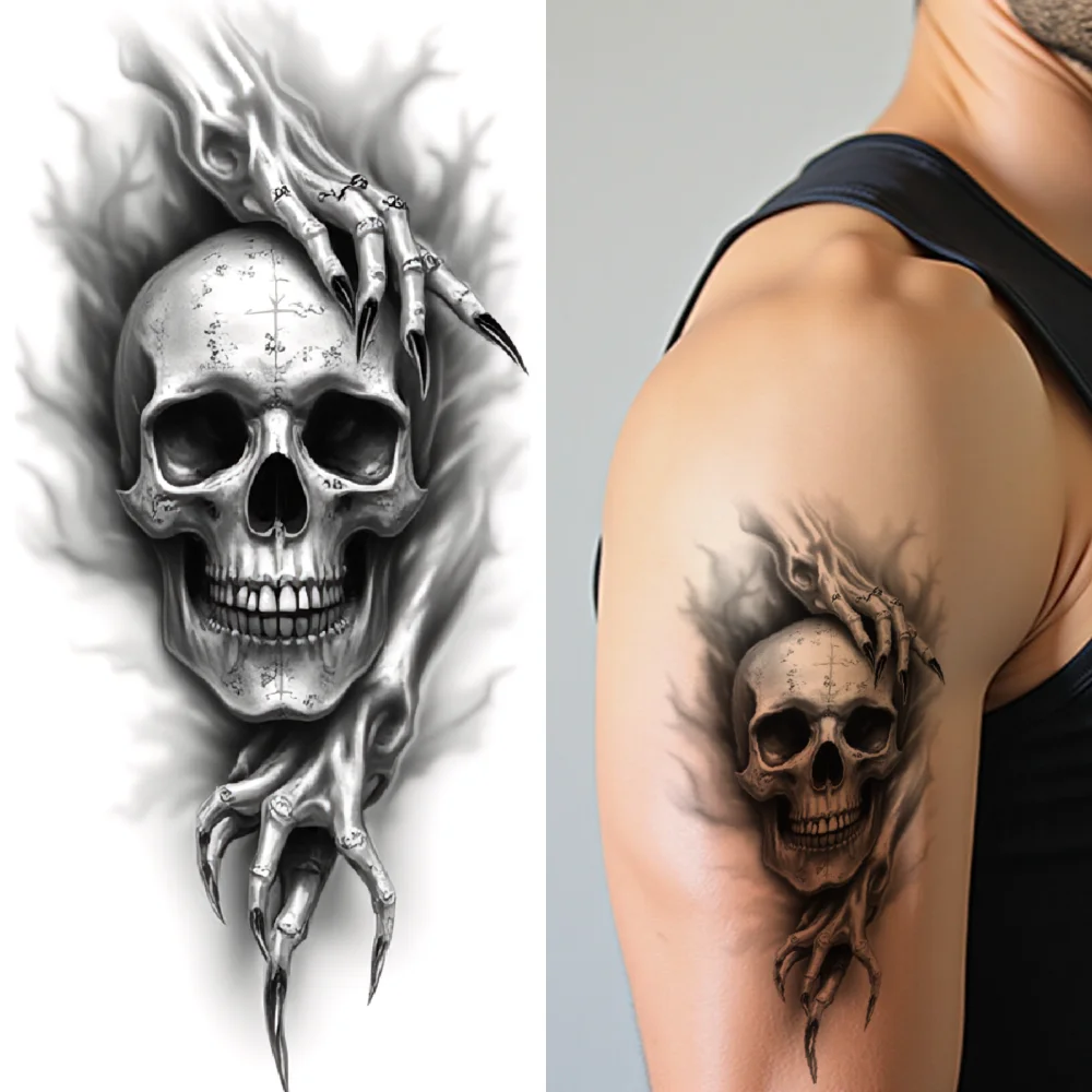 

3pcs Temporary Tattoo Black And Grey Realism Skull In Clouds Skull With Snake And Scarab Skull With Antlers For Adults Arms