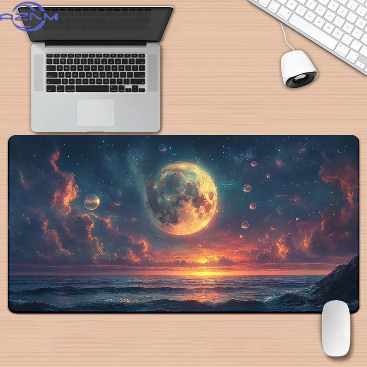 Night Sky Moon Pattern Gaming Mouse Pad Non-Slip Rubber Base HD Nebula Multifunctional Desk Mat for Office & Gamers