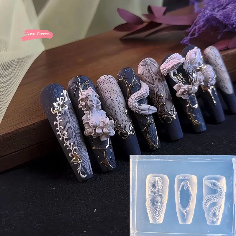 1Pcs Silicone Nail Mold 3D Snake Girl Design for DIY Nail Art Beauty Charm Carving Tool for Professional Nail Artists