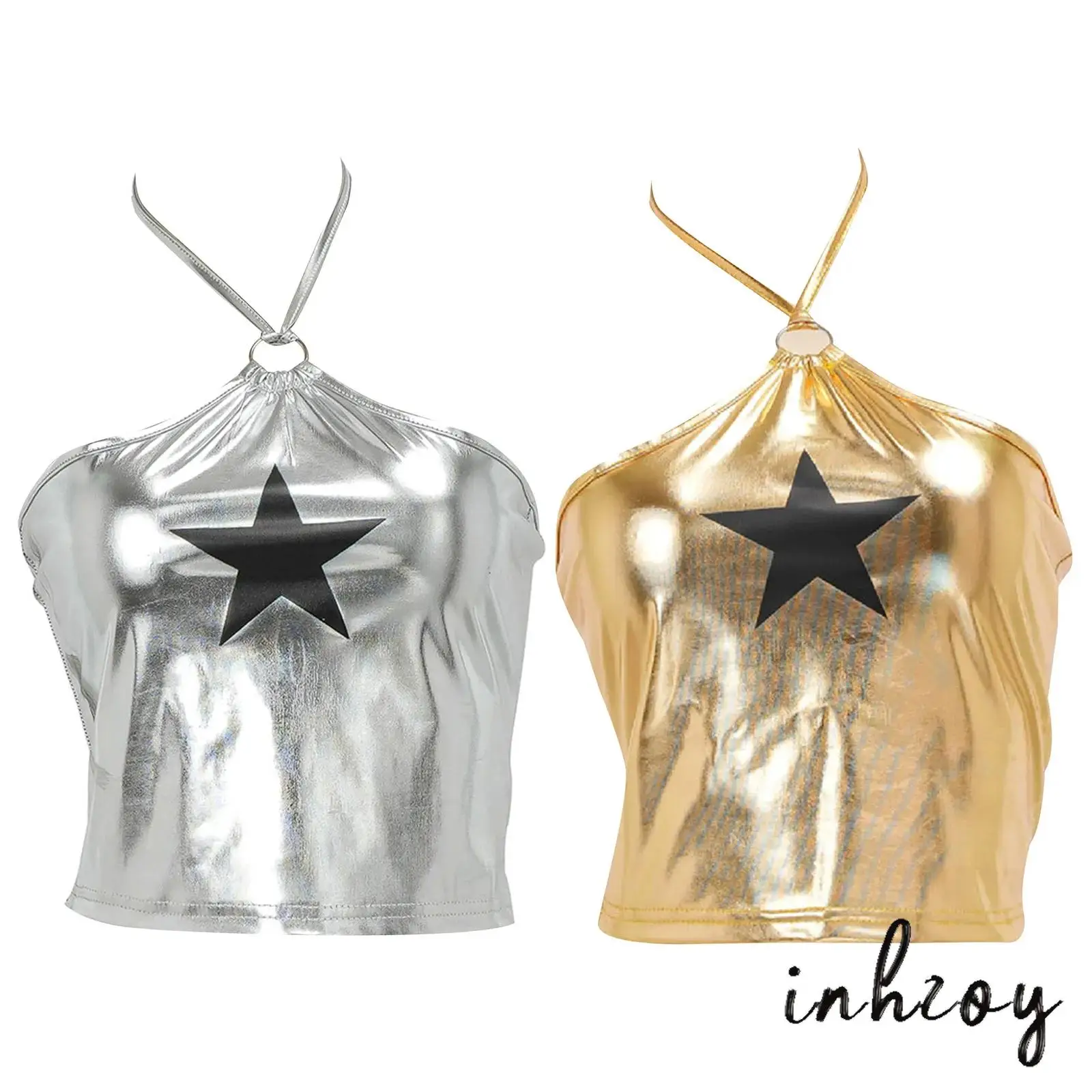 

Womens Anime Style Star Print Crop Top Metallic Shiny O-ring Halter Sleeveless Camisole Vest for Jazz Disco Dance Rave Party
