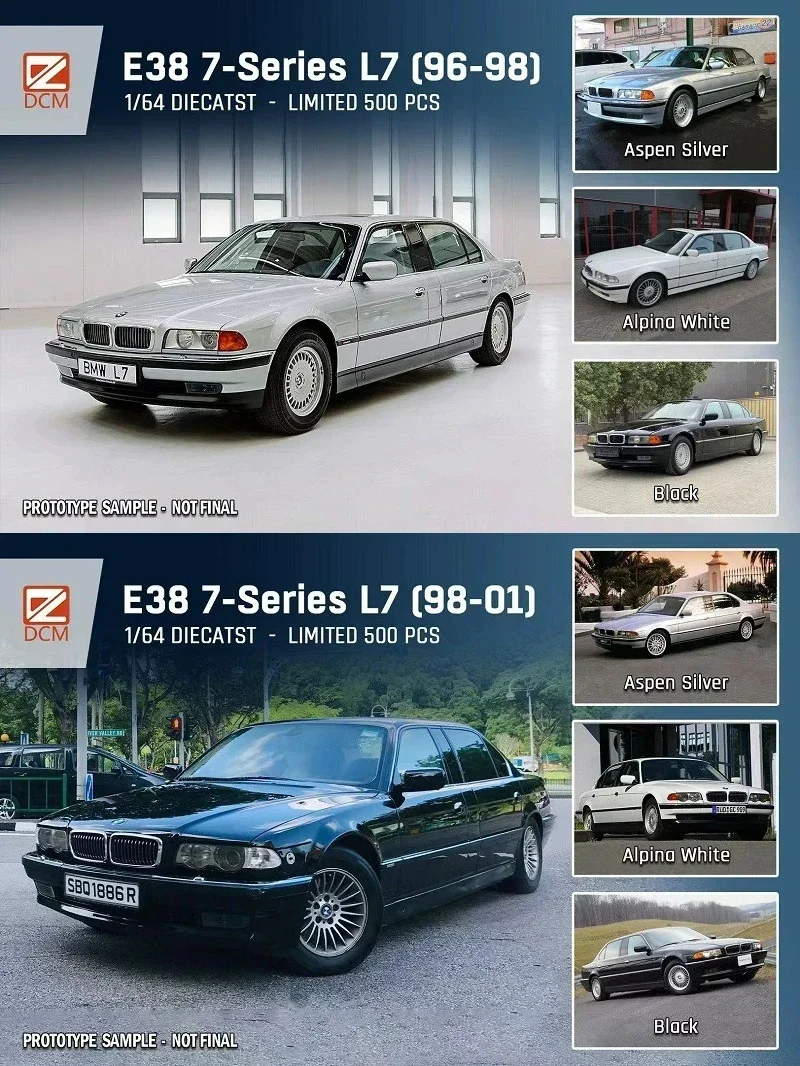 DCM 1:64 E38 7-Series L7 (96-98) الإصدار المسبق. / (98-01) آخر الإصدار. محدود500 دييكاست نموذج سيارة