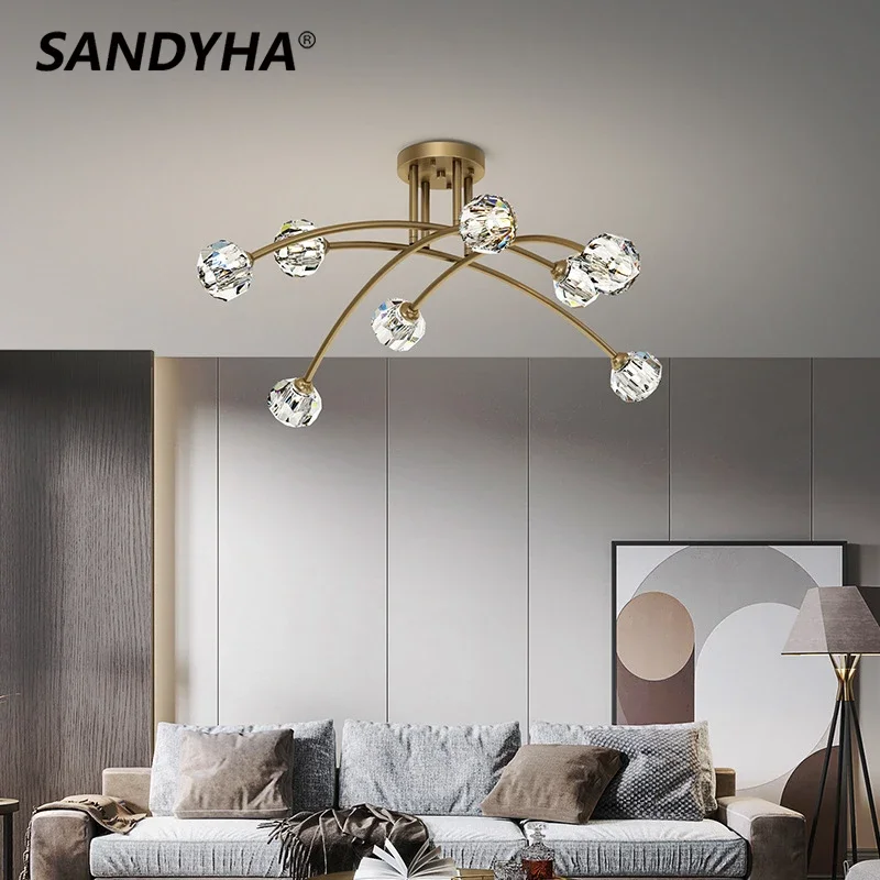 

SANDYHA Modern Crystal LED Copper Chandelier Nordic Design Pendant Light for Bedroom Living Room Dining Room Home Decor Stylish