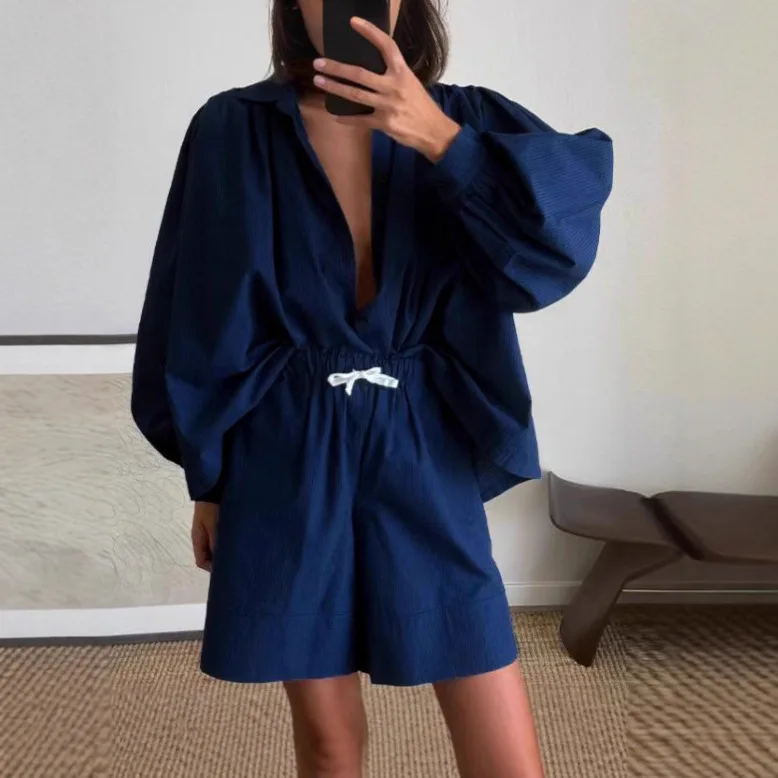 Conjuntos Mujer Elegantes Outfits For Women 2 Piece Set New Lantern Sleeve Shirt Shorts Two-piece Set Nuevo En Conjuntos A Juego