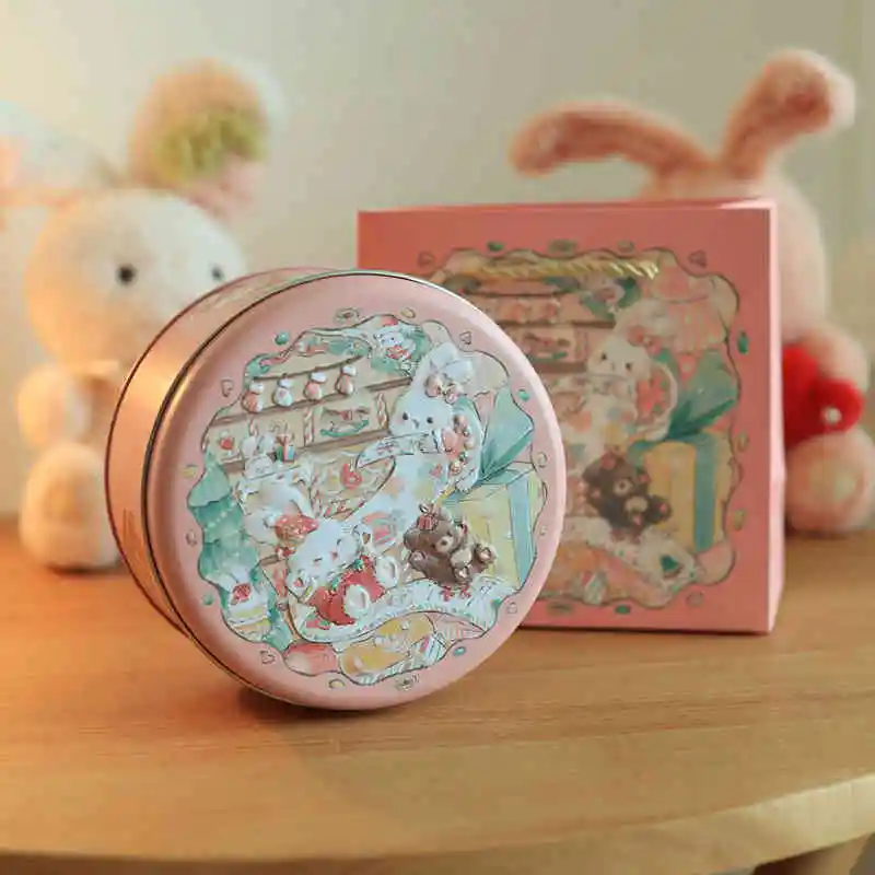 2025 Christmas Festival Cute Rabbit Cookies Packing Box Round Empty Tin Candy Gift Box Cake Tea Dessert Organizer Container