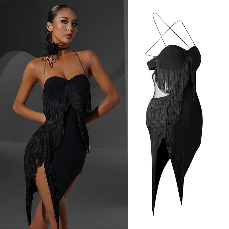 

2023 Latin Dance Dress Women Black Fringe Dress Adult Latin Competition Clothing Tango Ballroom Dance Costume Prom Wear DNV17801