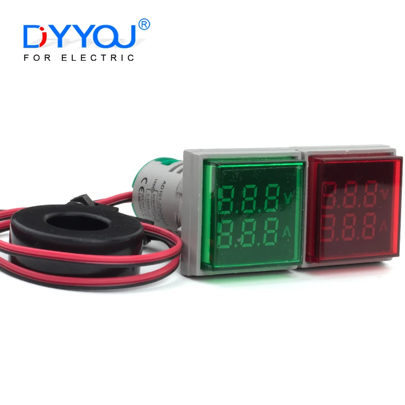 22mm Dual LED Indicator Pilot Light Round Square Digital Voltmeter Ammeter AC 0-100A 20-500V Amp Volt Voltage Tester Meter