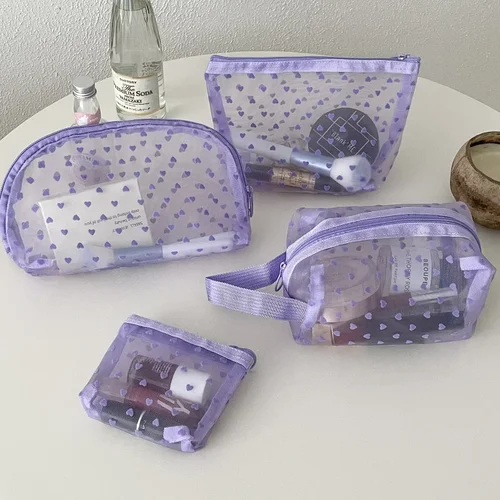 Imagen 2 del producto Bolsa de almacenamiento de cosméticos para mujer, organizador de viaje, monedero con estampado de corazón púrpura, bolsa de maquillaje de malla de nailon, bolsa de maquillaje bonita transparente