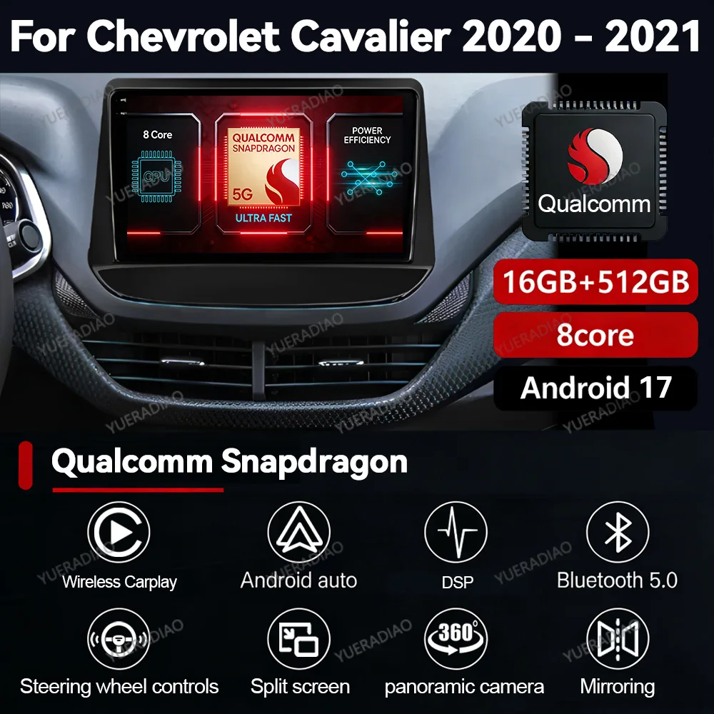 Radio para Auto Android 17 para Holden Chevrolet Onix Cavalier 2020 2021 Qualcomm, Autoradio Doble DIN con Carplay y Android Auto, FM, BT, DVD