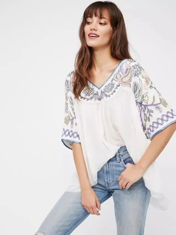 KHALEE YOSE Boho Floral Embroidery Blouse Shirt Cotton Loose White Flare Sleeve V-neck Women Vocation Ladies Blouse Top Blusa