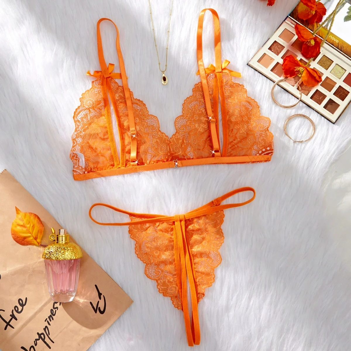 Orange Sexy Hot Lingerie Women Transparent Bra Set Erotic Crotchless Embroidered Underwear Cute Open Crotch Thong Lace Suit 2024
