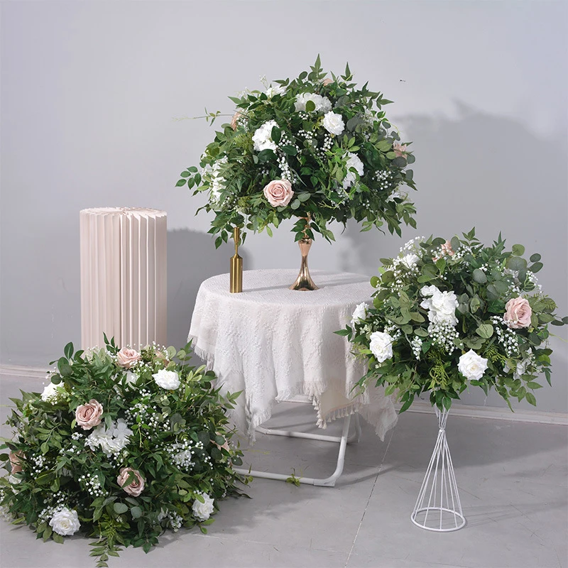 Green Plant Leaf Artificial Flower Ball White Rose Greenery Arrangement Wedding Table Centerpiece Floral Ball Banquet Party Prop